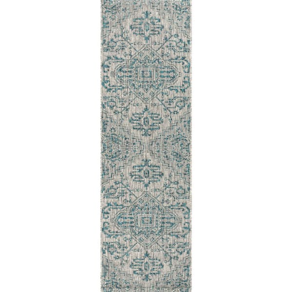Estrella Bohemian Medallion Textured Weave Teal/Gray 2 ft. x 10 ft. Indoor/Outdoor Runner Rug