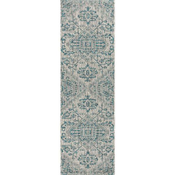 Estrella Bohemian Medallion Textured Weave Teal/Gray 2 ft. x 10 ft. Indoor/Outdoor Runner Rug
