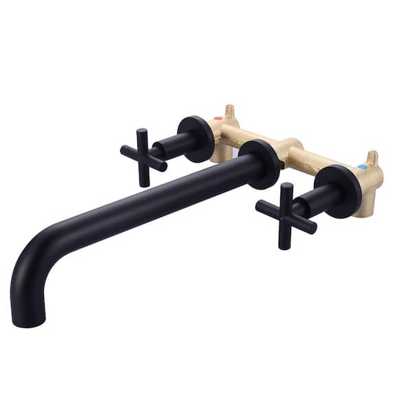 ARCORA Matte Black Double-Handle Wall-Mounted Roman Tub Faucet without Hand Shower in Brass