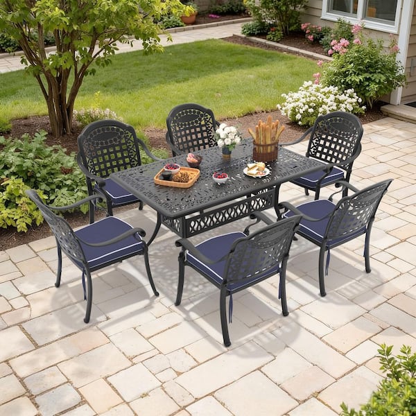 Black 7-Piece Rust-Free Cast Aluminum Outdoor Dining Set with Rectangular Table, 6 Dining Chairs and Blue Cushions