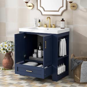 30 in. W x 18.1 in. D x 31.5 in. H Single Sink Bath Vanity in Blue with White Resin, Drawer, Shelves and Tower Rack