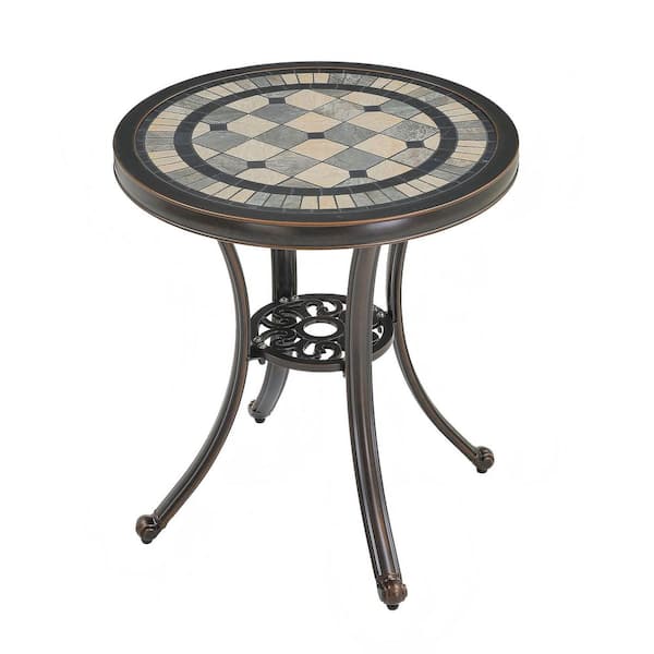 24 in. Round Antique Bronze Cast Aluminum Standard Height Outdoor Bistro Table with Ceramic Tile Tabletop