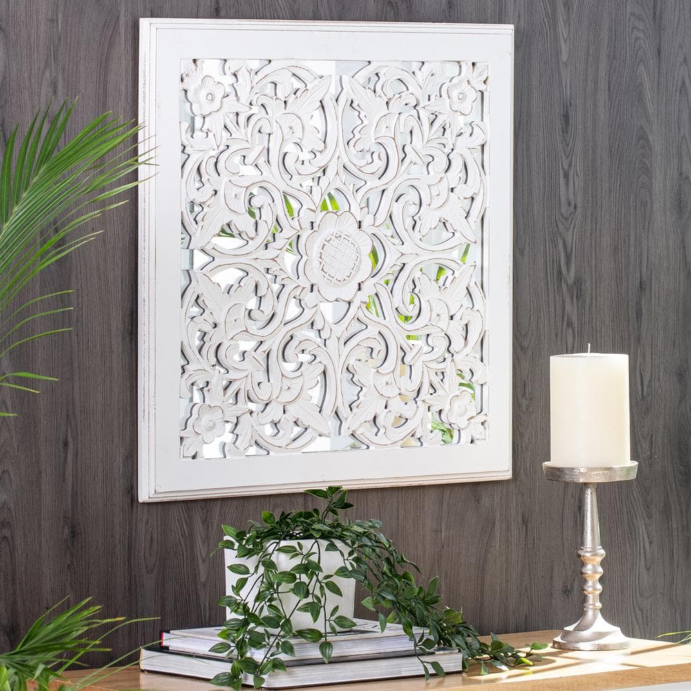 Maia White Carved Floral Medallion Square Wall Mirror