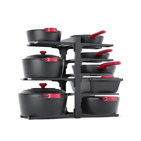 8-Tier Heavy-Duty Black Coated Adjustable Pot Rack, Kitchen Cookware Organizer for Cabinet Storage and Organization