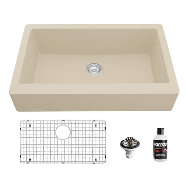 Karran QAR-740 Quartz/Granite 34 in. Single Bowl Retrofit Farmhouse/Apron Front Kitchen Sink in Bisque with Grid and Strainer