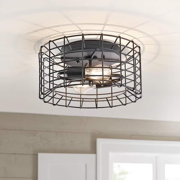 Monteaux Lighting Monteaux 13.65 in. 2-Light Black Flush Mount Ceiling Light Fixture with Metal Wire Caged Shade