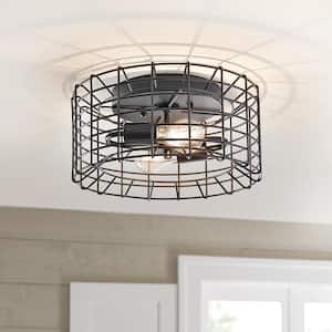 Monteaux 13.65 in. 2-Light Black Flush Mount Ceiling Light Fixture with Metal Wire Caged Shade
