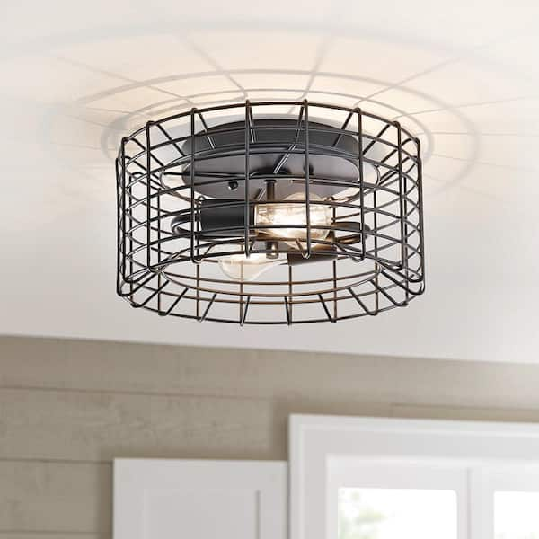 Monteaux 13.65 in. 2-Light Black Flush Mount Ceiling Light Fixture with Metal Wire Caged Shade