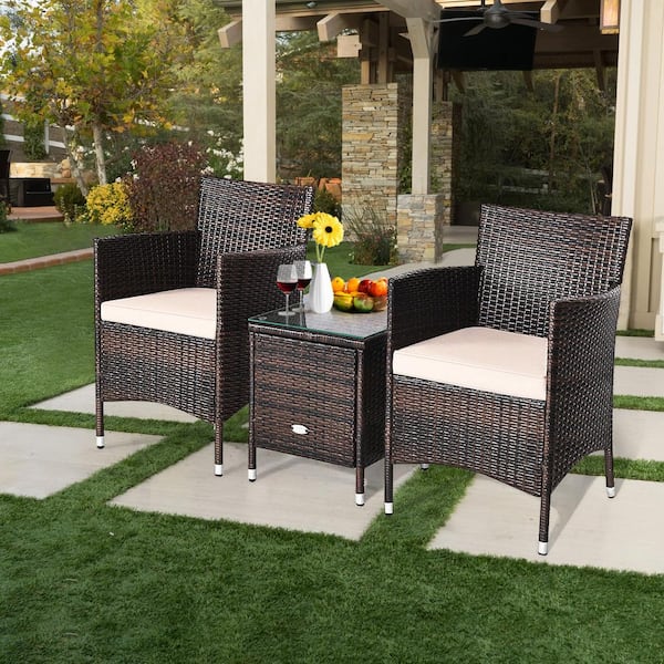 3-Piece PE Rattan Wicker Patio Conversation Set with Beige Cushions
