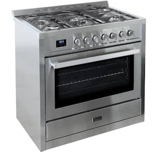 36 in. 5 Burner Dual Fuel Range with Gas Stove and Electric Oven and True Convection Bake Function in Stainless Steel