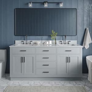 Hepburn 73 in. W x 22 in. D x 35.25 in. H Bath Vanity in Grey with Carrara Marble Vanity Top in White with White Basins