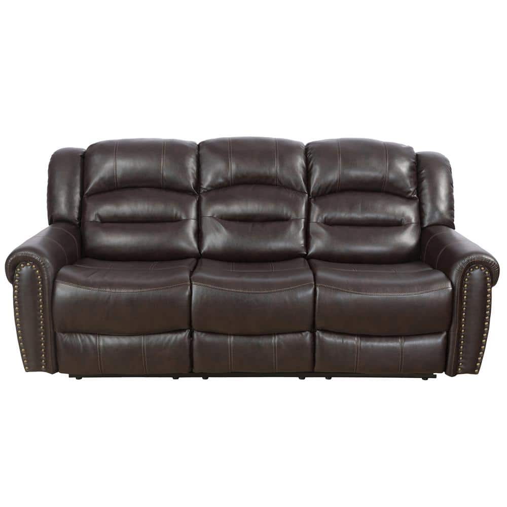 85 in. W Round Arm Faux Leather Rectangle Reclining Sofa in. Dark Brown