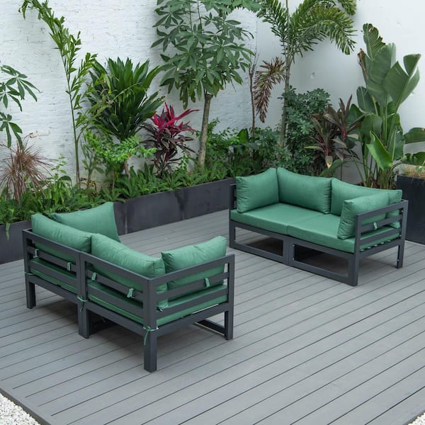 Leisuremod Chelsea Black 4-Piece Aluminum Outdoor Loveseat Set with Green Cushions