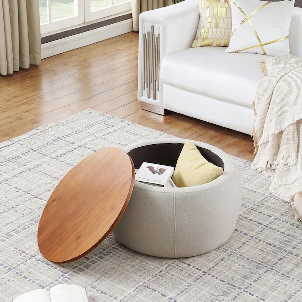 25 in. Gray Linen Upholstered Round Medium Storage Ottoman Foot Rest Stool for Living Room Bedroom Coffer Table Wood