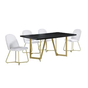Aurelio 5-Piece Rectangle Black Wooden Top Dining Set with White Faux Leather Chairs