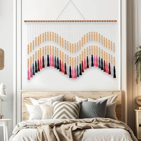 70.9 in. x 35.4 in. Pink Boho Macrame Wall Hanging-Cotton Tapestry with Beads & Fringe