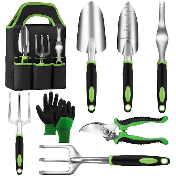 8-Piece Garden Tool Set Stainless Steel Heavy Duty Hand Tools Non Slip Rubber Grip Tote Bag for Gifts Green