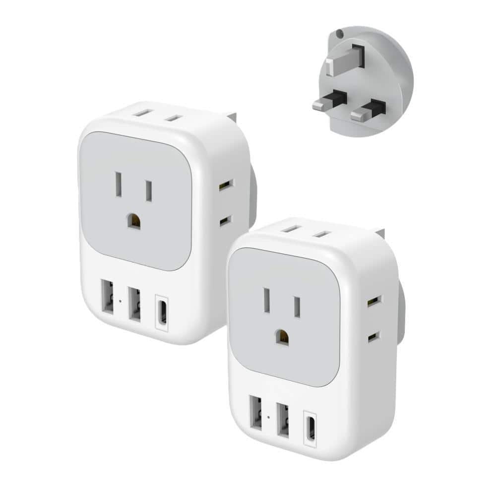 Universal Type G US to UK Plug Adapter Connector with 4 Outlets, 3 USB Charger for Travel to Multiple Countries (2-Pack)