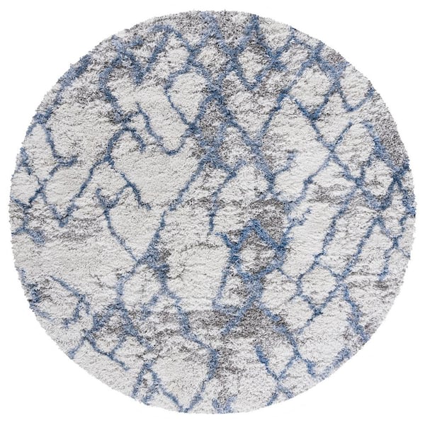 Horizon Shag Ivory/Blue 8 ft. x 8 ft. Abstract Diamond Round Area Rug