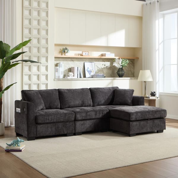 Udele 97.24 in. Chenille L Shape Sectional Sofa in. Black with Dual USB, Side Pockets, Storage Ottoman, Pillows