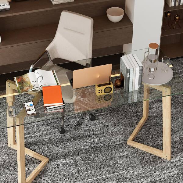 55.1 in. W Glass Top Rectangle Writing Desk Workstation Executive Table in Natural Brown with Wooden Legs