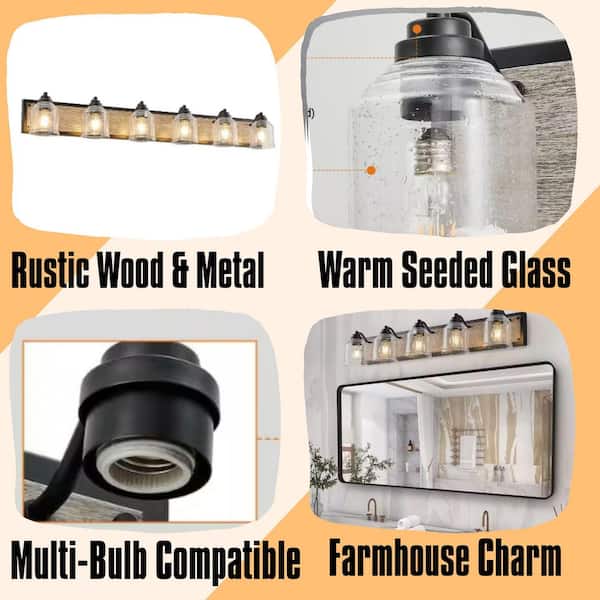40 in. 5-Light Farmhouse Vanity Light Fixture Wall Sconce with Seeded Glass Shades,Rustic Black Wood Backplate,No Bulbs
