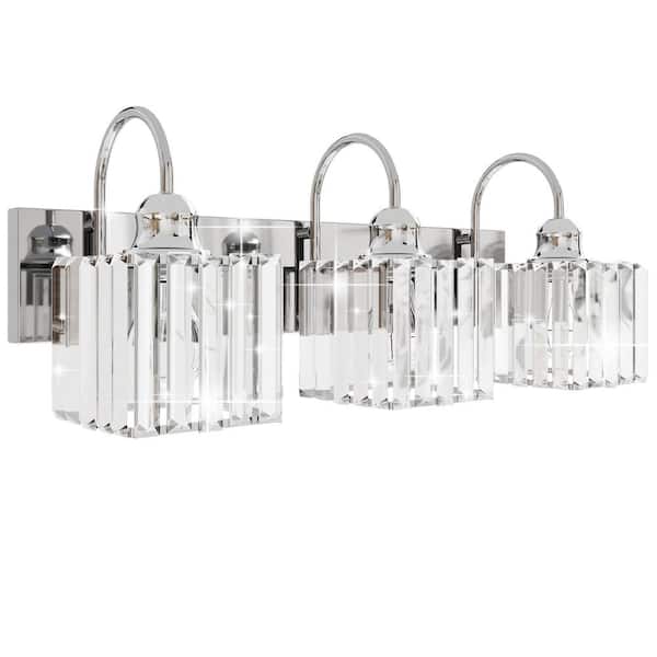 Merrin 23.1 in. 3-Lights Crystal Chrome Square Bathroom Vanity Light with Shade