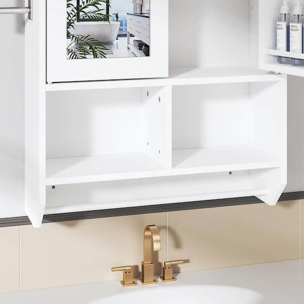 Bathroom Cabinet with LED Light Wall Mounted Medicine Cabinet with Towel Bar, 27.6 in. Accent Storage Cabinet, White