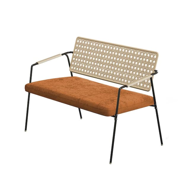 AUTMOON 2-Person Black Steel Weave Wicker Yellow Backrest Outdoor Lounge Chair with Orange Cushion