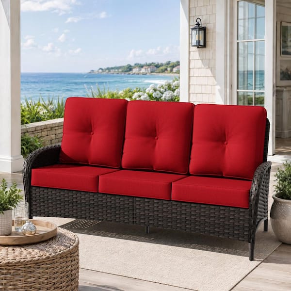 3-Seat Deep Brown Wicker Outdoor Couch Patio Sofa with Red Cushions