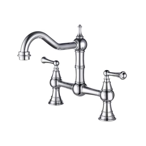 Unbranded Double Handle Bridge Kitchen Faucet with Cross Handle in Polished Chrome
