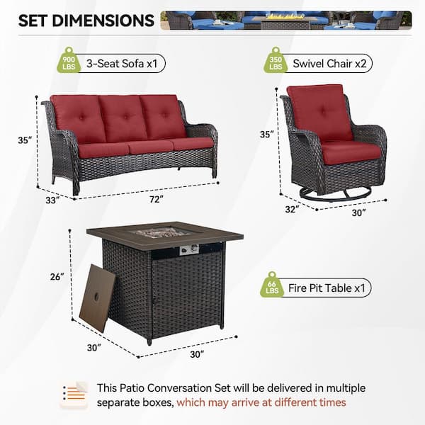 Arcline 4-Piece Brown Wicker Fire Pit Conversation Set with Olefin Red Cushions and 2 Swivel Glider Chairs and Sofa