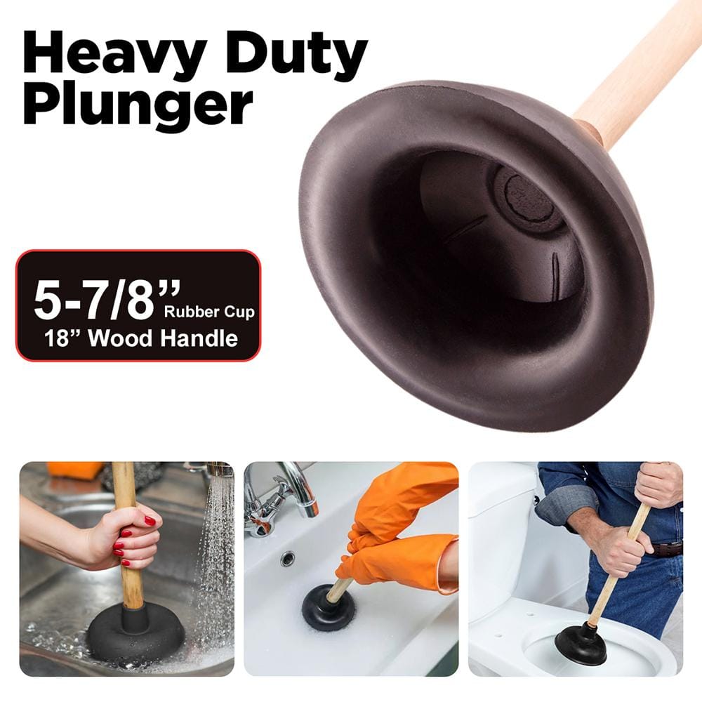 Heavy Duty Black Rubber Toilet Plunger with 18 in. Wooden Handle