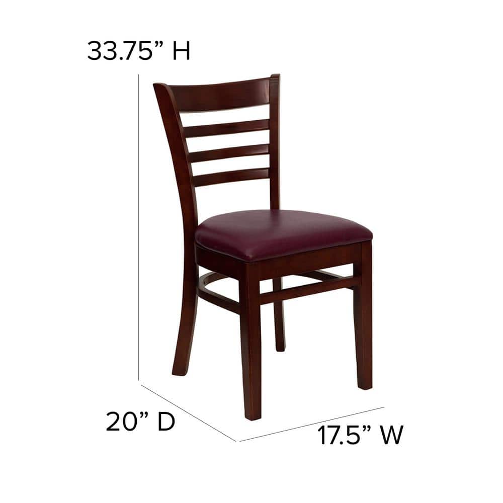 Elegant Mahogany Wood Ladderback Side Chair with Burgundy Vinyl Seat