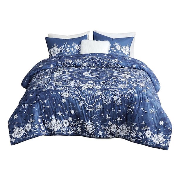 Afoxsos Celestial Medallion Twin/XL Size Polyester Floral Comforter Set 1 Comforter, 2 Shams and 1 Square Pillowcase in Navy