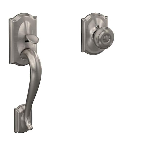 Schlage Camelot Satin Nickel Door Handleset Grip with Georgian Door Knob and Camelot Trim