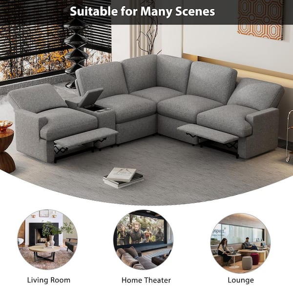104 in. Modern Linen Home Theater Reclining Sectional Sofa in Gray with Storage Box Cup Holders USB Ports and Socket