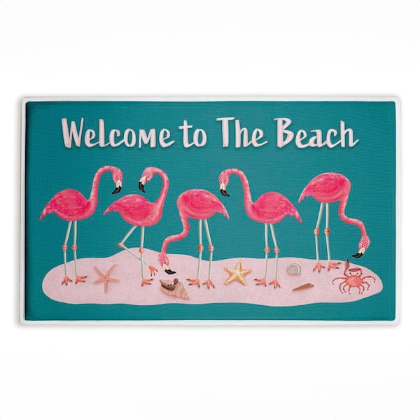 Flamingo Beach Greetings 18 in. x 30 in. Green Graphic Polyester Blend Rectangle Bath Mat