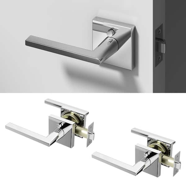 Quadra Metal Chrome Privacy Bed/Bath Flat Door Handle with Push Button and Square Rosette 2-Pack