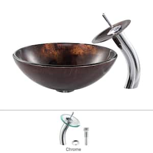 Pluto Glass Vessel Sink in Brown with Waterfall Faucet in Chrome