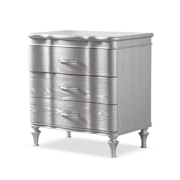 Seabliss Glam Silver 3 Drawer 27 in. W Serpentine Nightstand