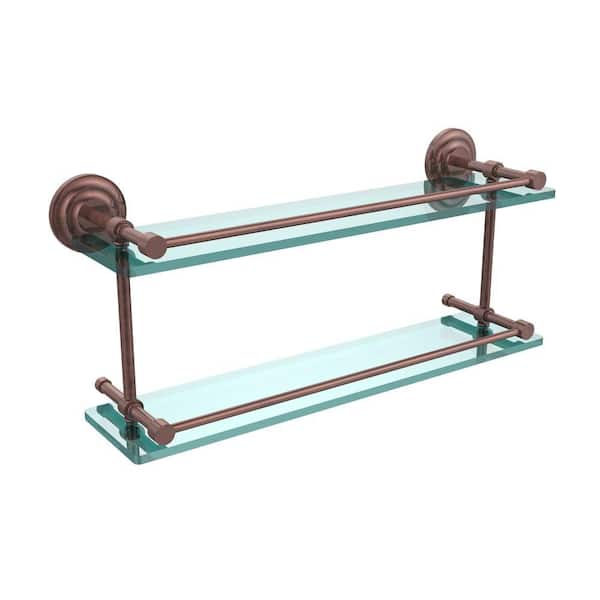 Allied Brass Que New 22 in. L x 8 in. H x 5 in. W 2-Tier Clear Glass Bathroom Shelf with Gallery Rail in Antique Copper
