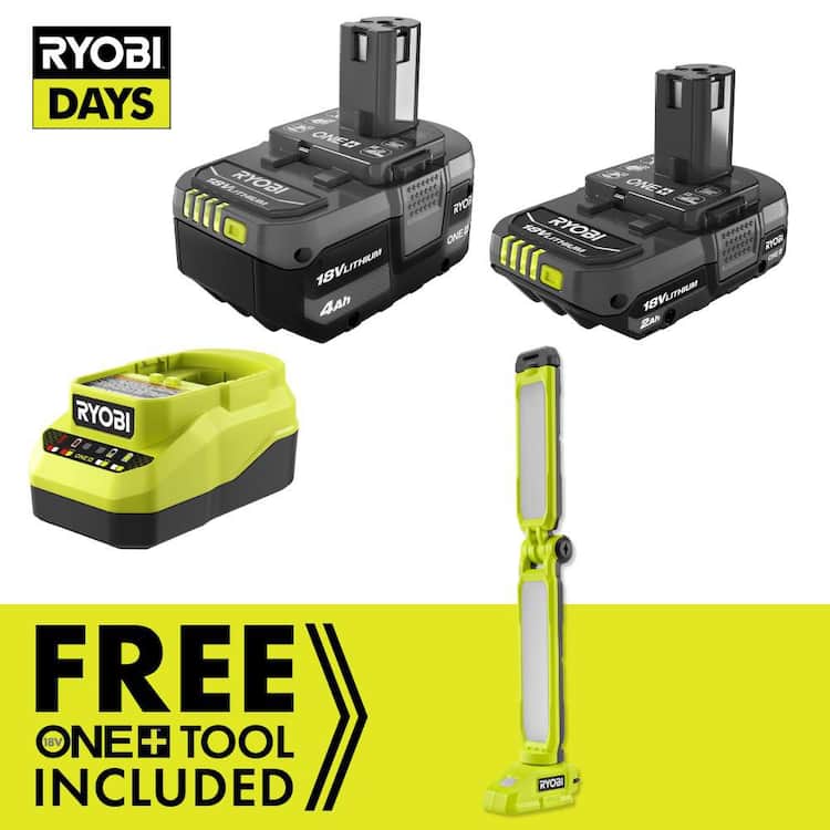 RYOBI ONE+ 18V Cordless LED Workbench Light Kit with 4.0 Ah Battery, 2.0 Ah Battery, and Charger