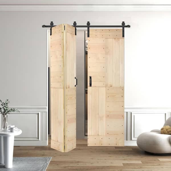 ISLIFE S Style 60in.x84in.(15''X84''X4panels) Unfinished Solid Wood Bi-Fold Barn Door With Hardware Kit -Assembly Needed