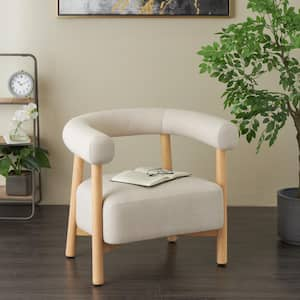 Beige Curved Back Mid Century Modern Round Boucle Polyester Accent Chair with Light Brown Wood Frame