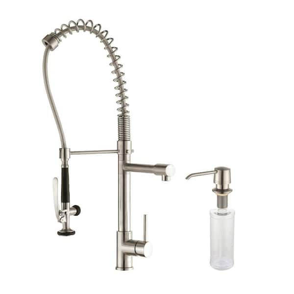KRAUS Commercial-Style Single-Handle Pull-Down Kitchen Faucet with Pre-Rinse Sprayer and Soap Dispenser in Stainless Steel