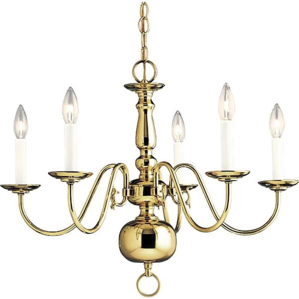 Progress Lighting Americana Collection 5-Light Polished Brass White Candle Traditional Chandelier Light