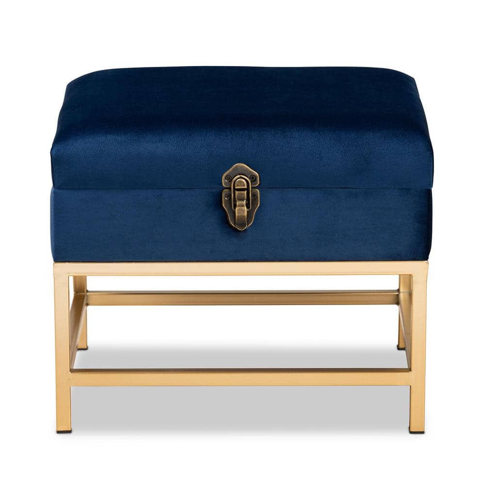 Navy Blue Velvet Tufted Storage Ottoman with Gold Metal Legs