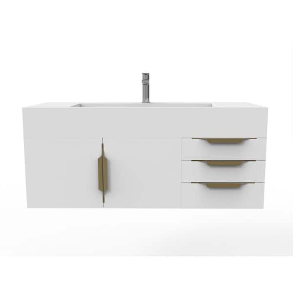 castellousa Nile 48 in. W x 19 in. D x 20 in. H Bath Vanity in Matte White with Gold Trim and White Solid Surface Top