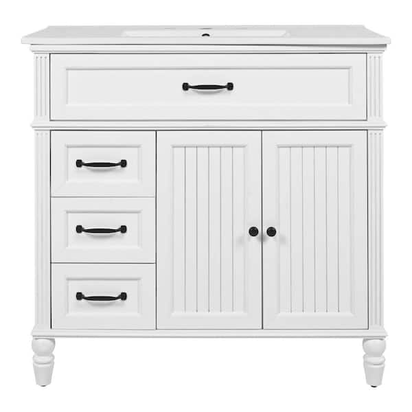 36 in. White Wood Rectangle Vessel Sink Bathroom Vanity Combo with Drawers, Solid Frame and MDF Board
